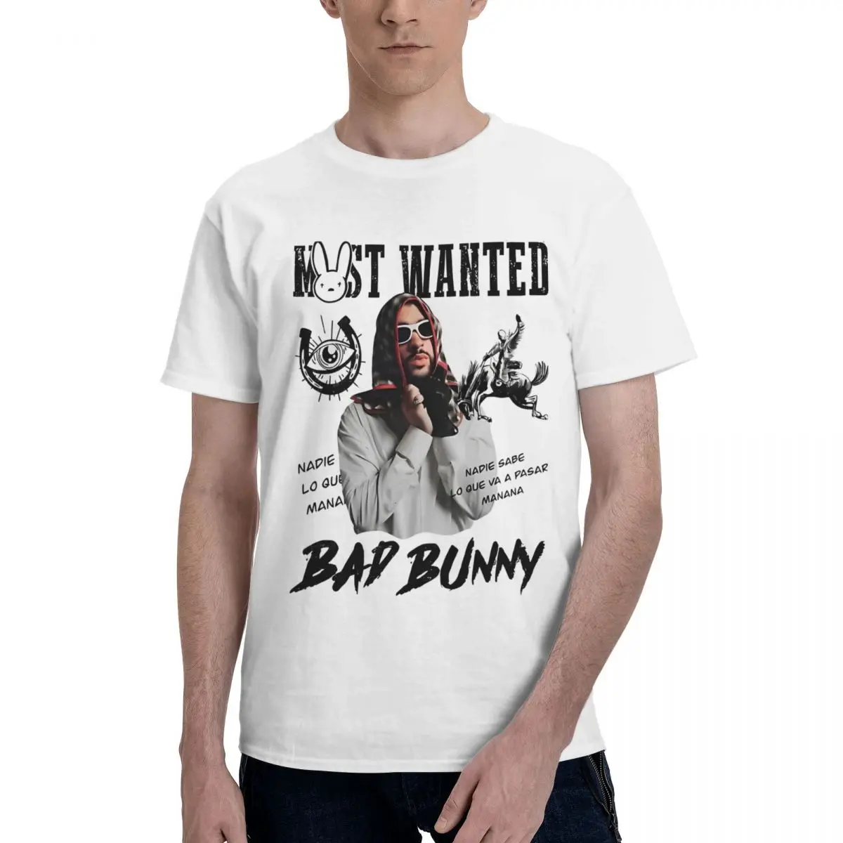 Фото Мужская и женская футболка Bad Bunny Most Wanted Tour 2024, модные летние футболки, забавная повседневная хлопковая одежда, подарок на день рождения №2