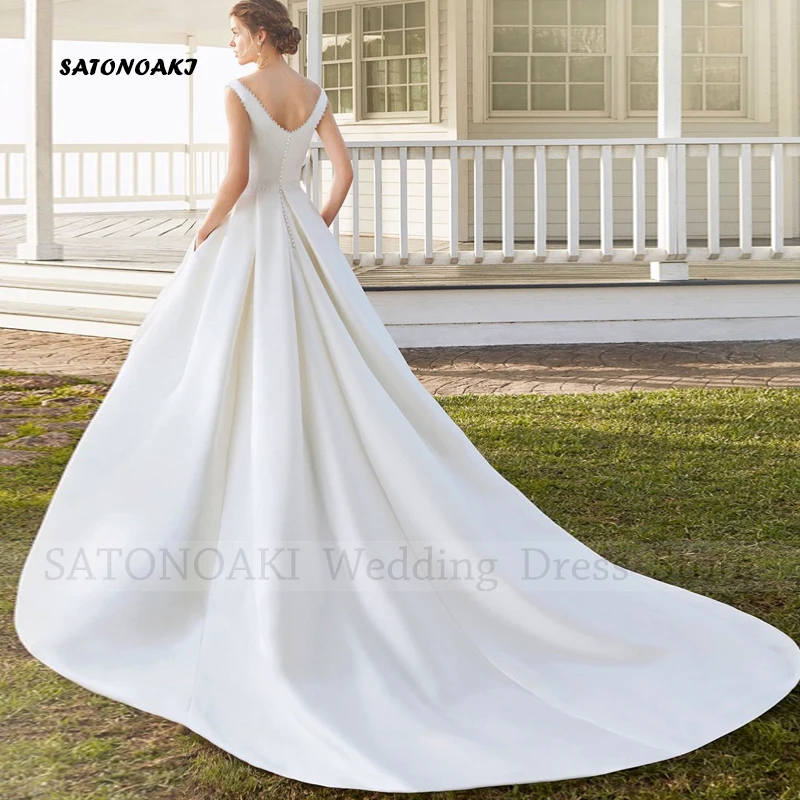 Женское атласное свадебное платье элегантное простое ТРАПЕЦИЕВИДНОЕ ПЛАТЬЕ с