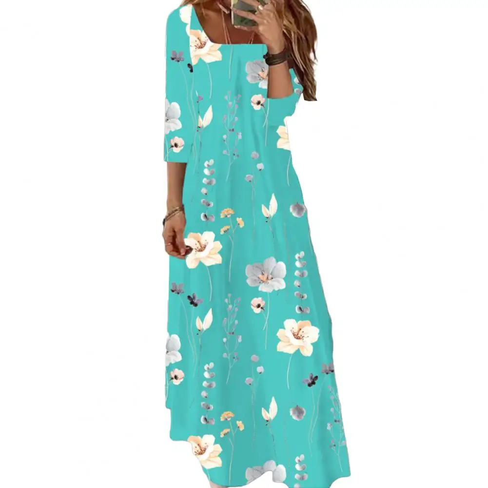 

Женское винтажное платье-трапеция до щиколотки, повседневное Свободное платье с цветочным принтом, квадратным вырезом и коротким рукавом, пуловер с цветным подолом, модель 2023 на осень