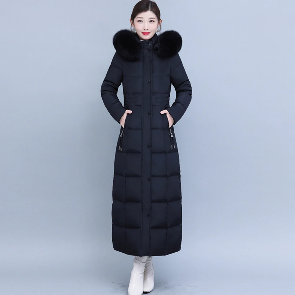 New Women Long Down Coat Winter Fashion Hooded Two-colour Real Fox Fur Collar Thicken Warm Lengthened Down Jacket Slim Overcoat