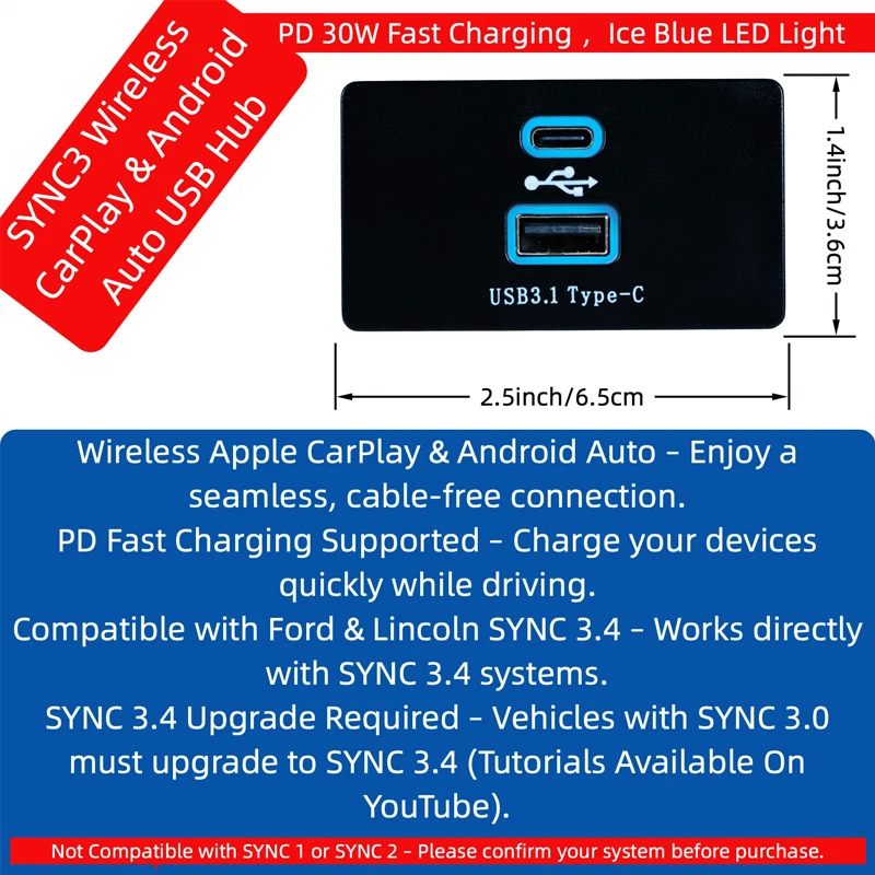 Фото Беспроводной USB-хаб Carplay для Ford & Lincoln MKZ F150 Mustang Ranger Transit Bronco Mondeo Kuga Escape C-Max Sync3.4 Android Auto №3