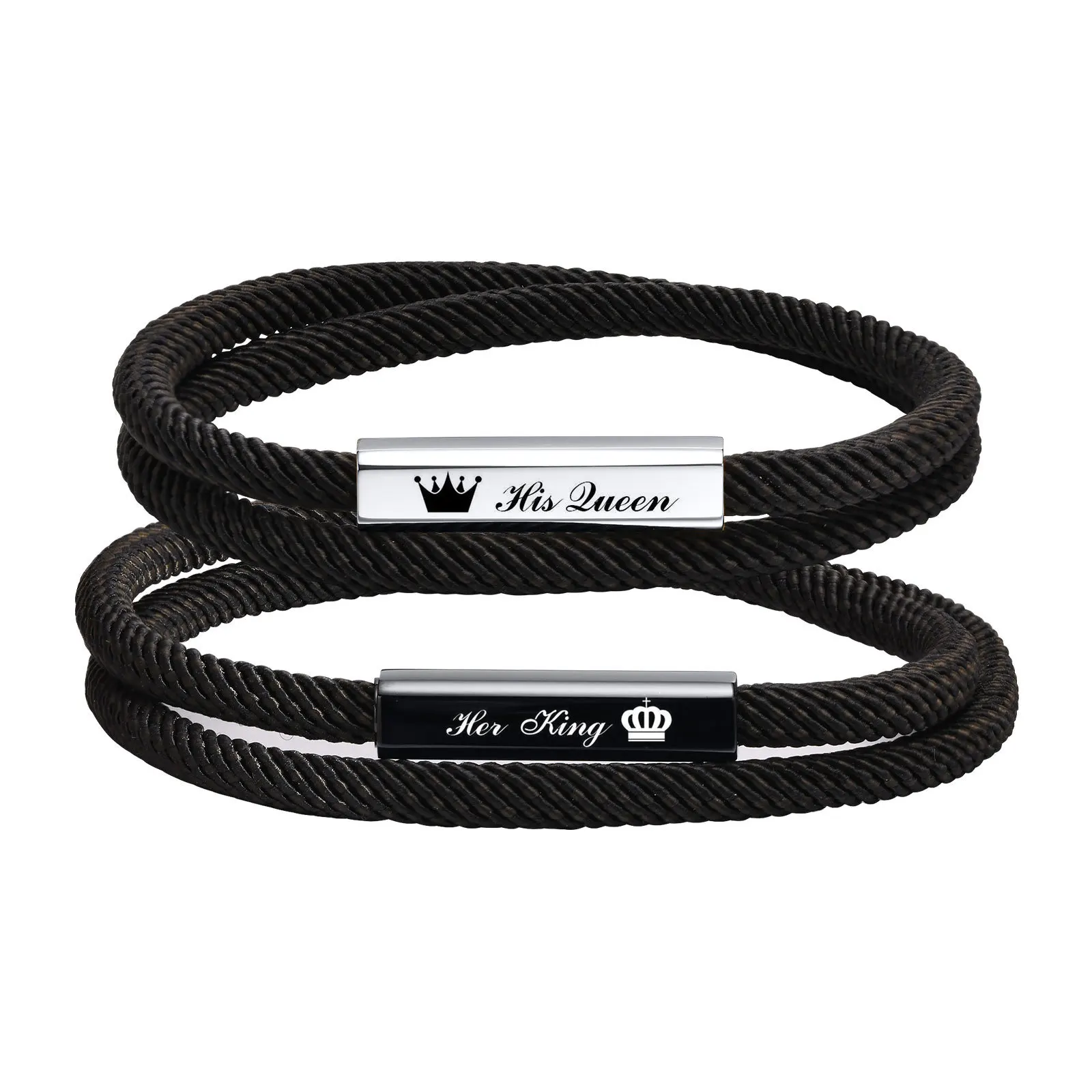 

Free Customized Couple Bracelets for Men Women, Fashion Black Color Rope Chain with Waterproof Stainless Steel ID Bar Jewelry