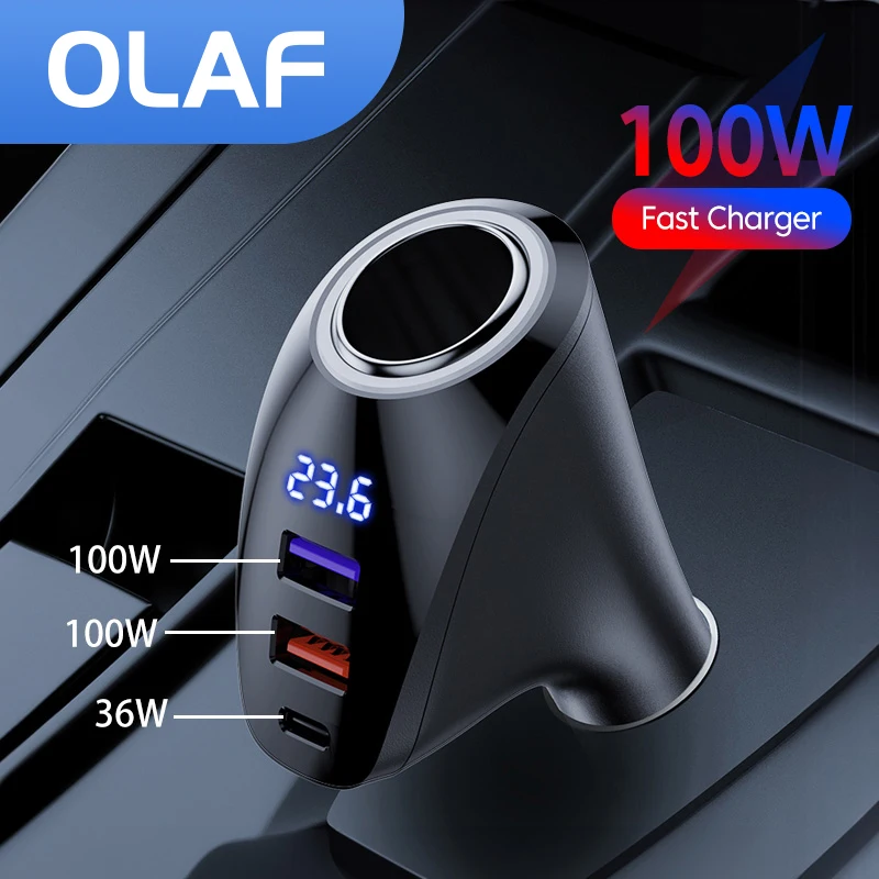 

OLAF 236W USB Type C Car Charger QC3.0 Fast Charging for iPhone Car Cigar Lighter Socket LED Digital Display PD 36W USBC Charger