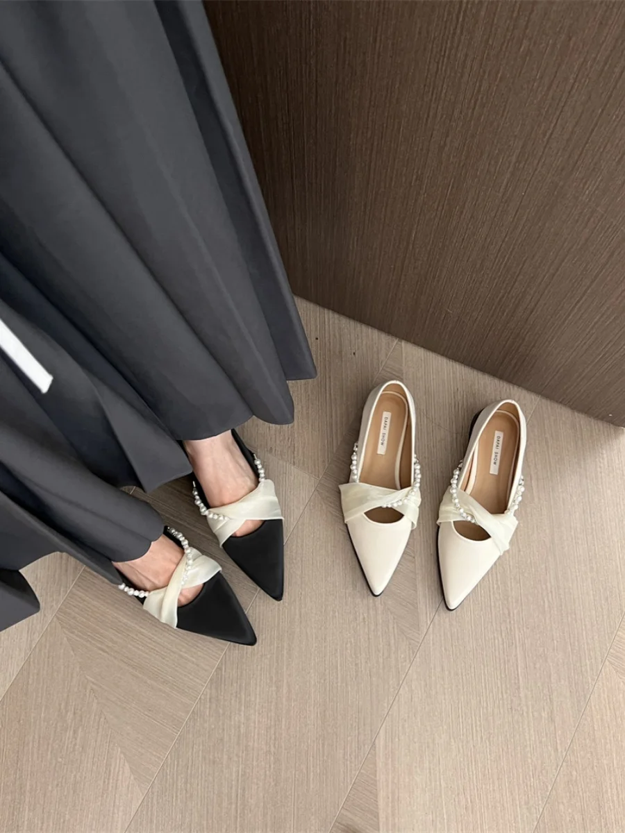 

Low Heels Korean Shoes Autumn Elegant Pointed Toe All-Match Shallow Mouth Female Footwear Casual Sneaker Pearl Decorateion 2023