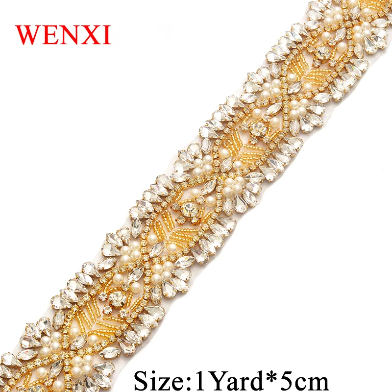 

WENXI 1YARD Hand Made Rose Gold Crystal Rhinestone Applique Sewing On For Wedding Dress Sash DIY Bridal Gown Belt WX815