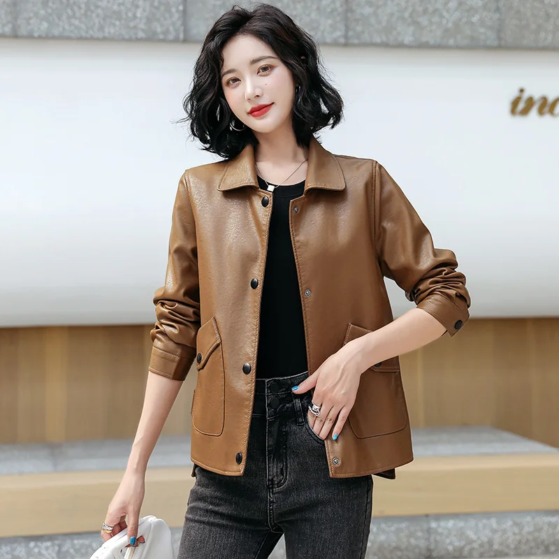 Biker New Leather Women Jacket Spring Autumn 2023 Fashion Solid Long Sleeve Loose Short Sheepskin Leather Outerwear Casual Tops