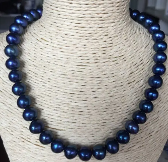 elegant 9-10mm round Tahitian black blue round pearl necklace 18inch