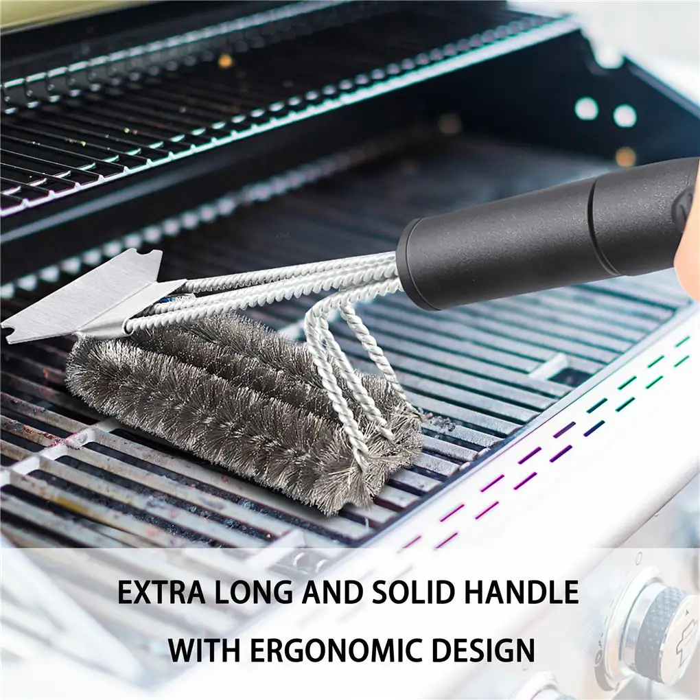 

3-in-1 BBQ Grill Clean Brush Scraper Long Handle Stainless Steel Barbeque Grill Wire Brush