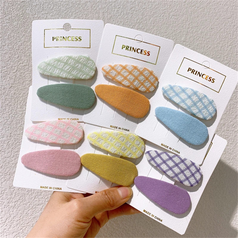 

2Pcs/Set Korean Style Headwear Children's Fabric Plaid Hairpin Solid Color Water Drop BB Clip