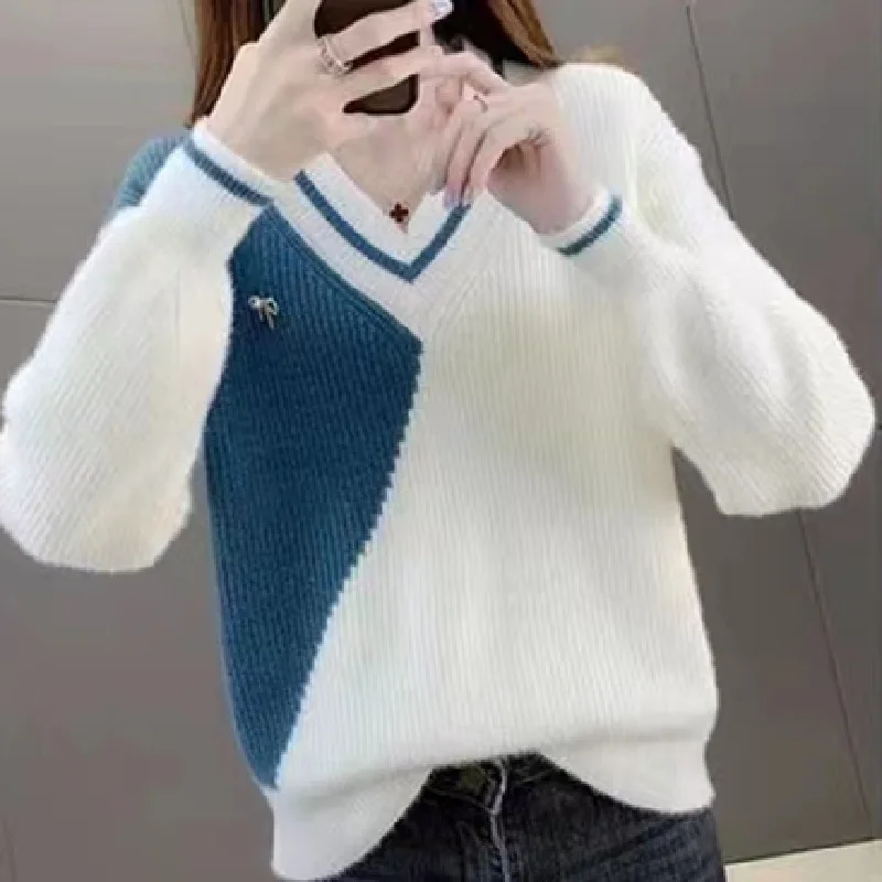 

Осенний Новый Полосатый пуловер с V-образным вырезом, цветной вязаный женский свитер из искусственной норки и флиса для женщин