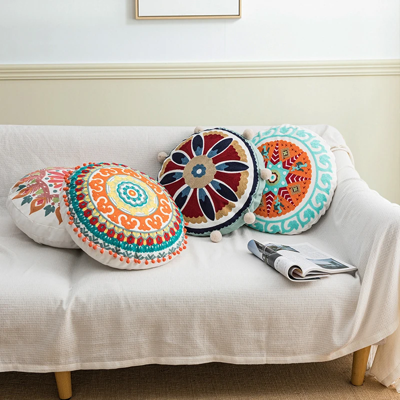 

Bohemian style geometric embroidery round pillow cover INS ball tassel jacquard cushion cover sofa chair hotel decor pillowcase