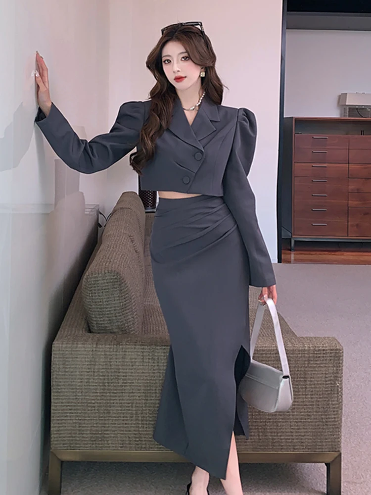 

Autumn Temperament Blazer Two Piece Set Women Notched Puff Sleeve Short Tops + Ladies Office Split Pencil Midi Skirt Suits