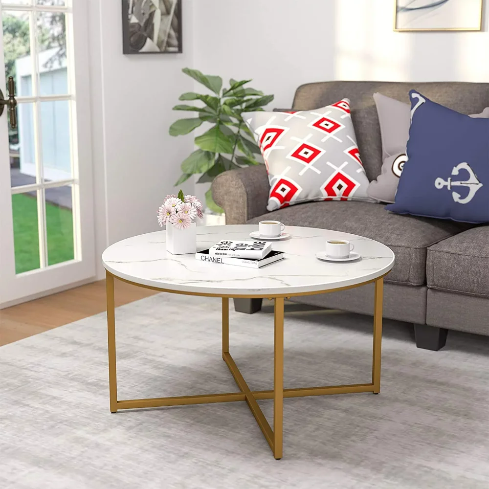 Modern Faux Marble Round Coffee Table, White/Bronze Gold