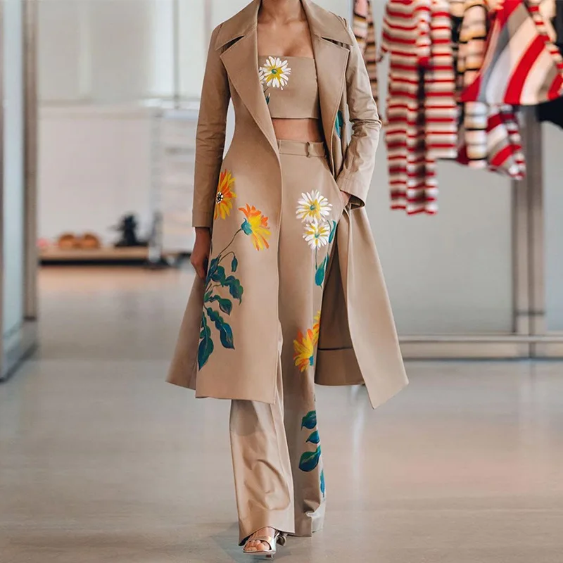 2022 Women's Suits High-quality Women's 3-piece Autumn and Winter Temperament Long Printed Trench Coat Pants Coat Suit Women