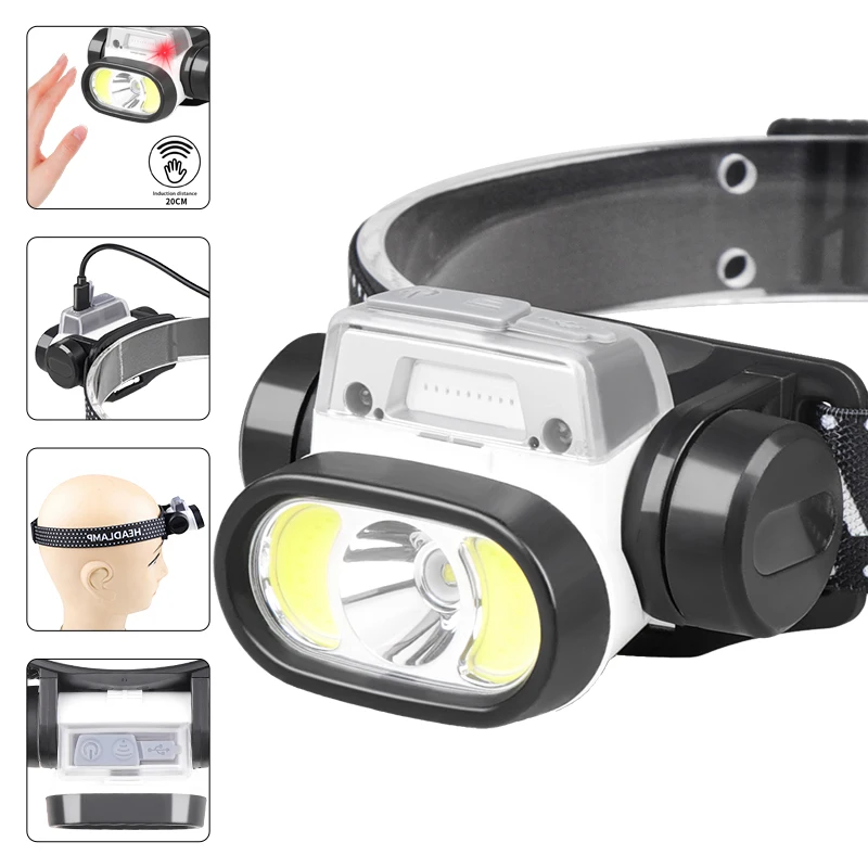 

LED Head Light Torch Intelligent Wave Sensing XPG COB Headlamp Torch Type-C USB Rechargeable for Outdoor Camping Fishing Hiking