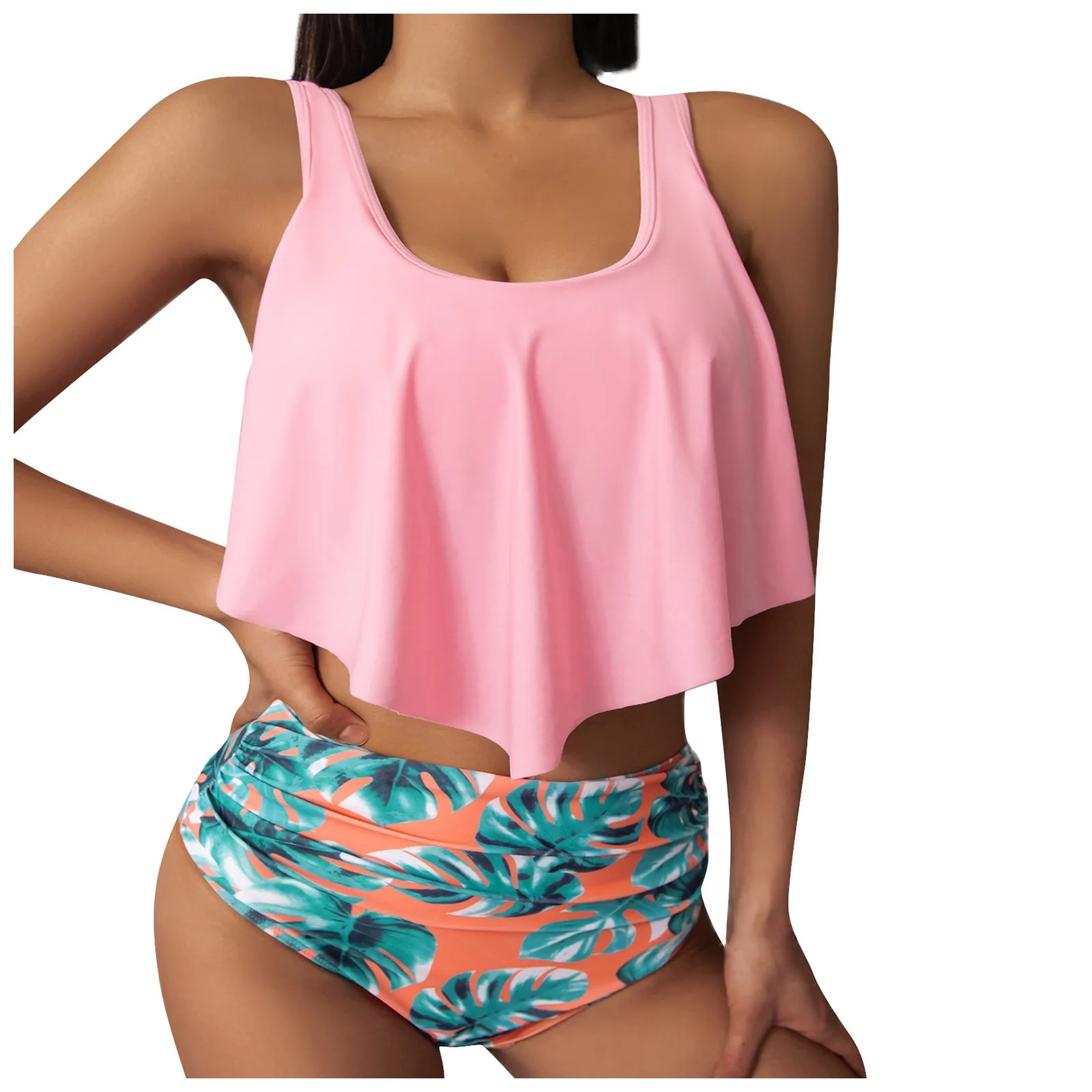 

Женский купальный костюм из двух предметов с принтом с высокой талией и собранным бюстгальтером с мягкими чашечками, пляжный комплект бики...