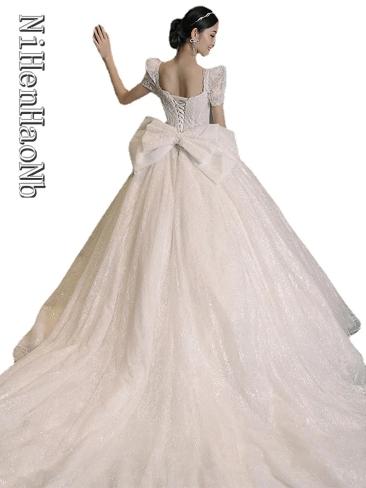

Wedding Dresses Square Collar Short Sleeve Luxury Formal Bridal Gowns High-End Series