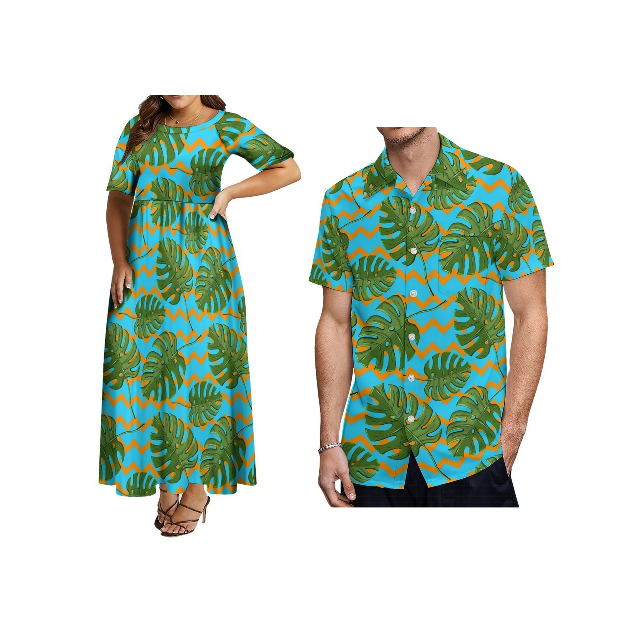 Модное зеленое полинезийское платье с круглым вырезом и принтом в виде