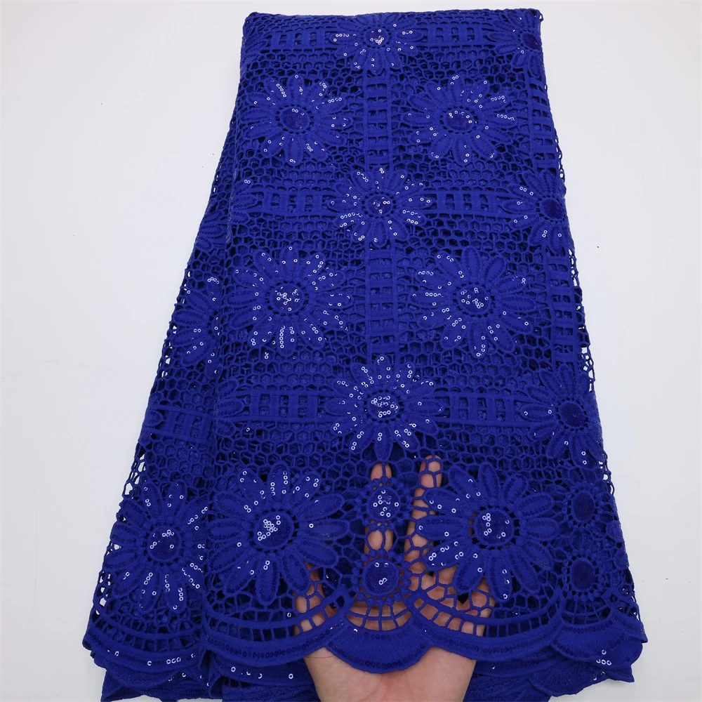 

PGC 2022 Latest African Guipure Cord Lace Fabric Royal Blue Nigerian Net Water Soluble Cord Lace With Sequins For Wedding LY577