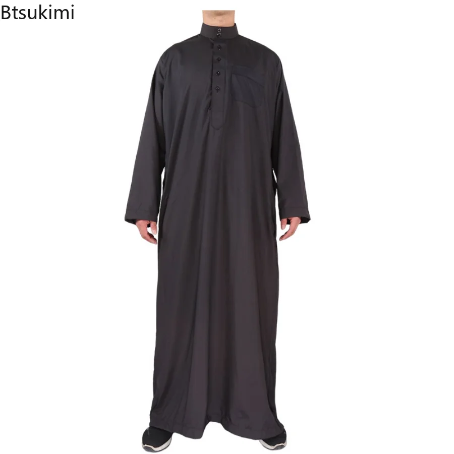 Muslim Fashion Men Jubba Thobe Black Long Sleeve Dress Ramadan Eid Dishdasha Arab Kaftans Robe Open Button Middle East Abayas