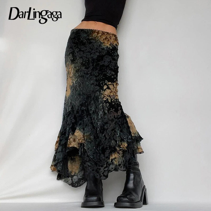 

Darlingaga Y2K Grunge Fairycore Leopard Mesh Skirt Female Chic Vintage Clothes Ruffles Irregular Maxi Skirt Aesthetic Boho Party