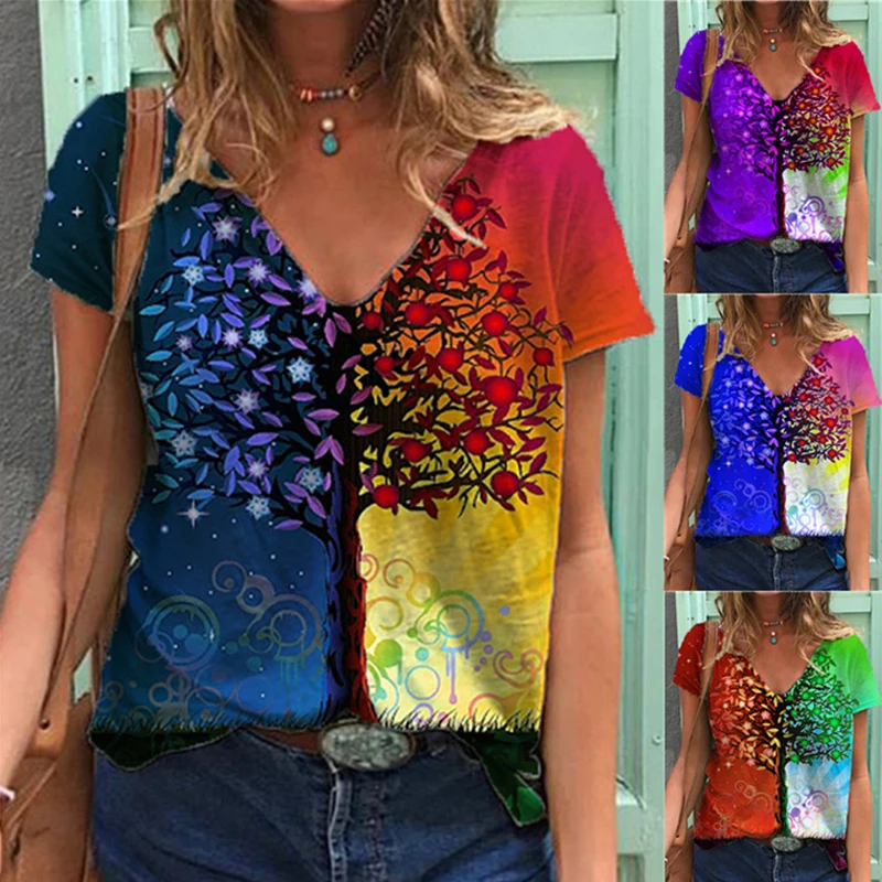 

New Plant Multicolor Colorful Printing Women Tops Summer Sexy V-neck Short-sleeved T-shirtCasual Loose Pullover Ladies T-shirt