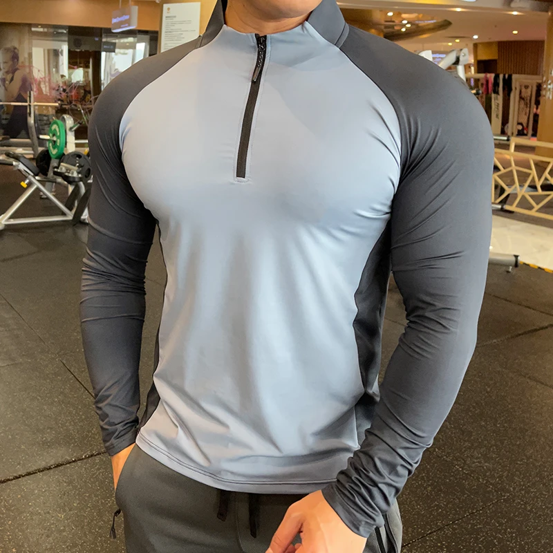 

Men's Patchwork Fitness Sweatshirts With Zipper Elastic Shrink Quick Dry Thin Long Sleeve Sports Tops Autumn Casual Sportwear
