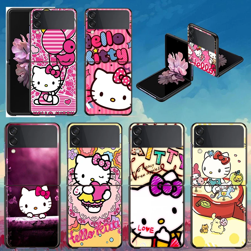 

Shockproof Hard Cover Folding Mobile Shell Hello Kitty Cartoon Cute For Samsung Galaxy Z Flip 3 5G Black Funda Phone Case