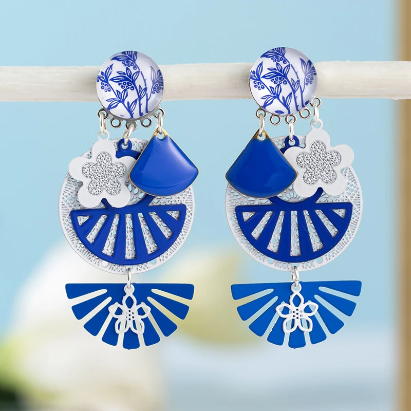 Bohemia Style Long Royal Blue Tassel Fan-shaped Dangle Drop Earrings Blue and white porcelain Women‘s Earrings Fashion Jewelry