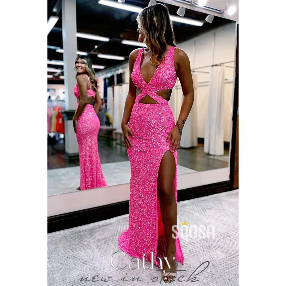 Женское вечернее платье с юбкой годе Cathy розовое блестящее без рукавов высоким