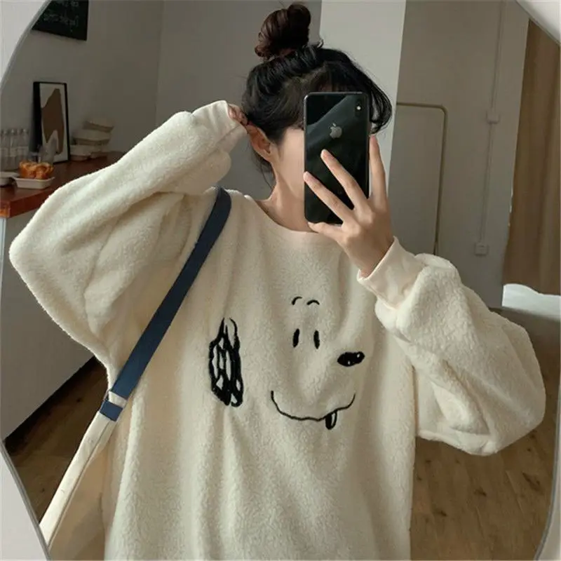 

Autumn Winter Harajuku Lamb Wool Shirt Women Hooded 2022 New Loose Korean Plus Velvet Thick Coat Unisex Kawaii Print Sweatshirt