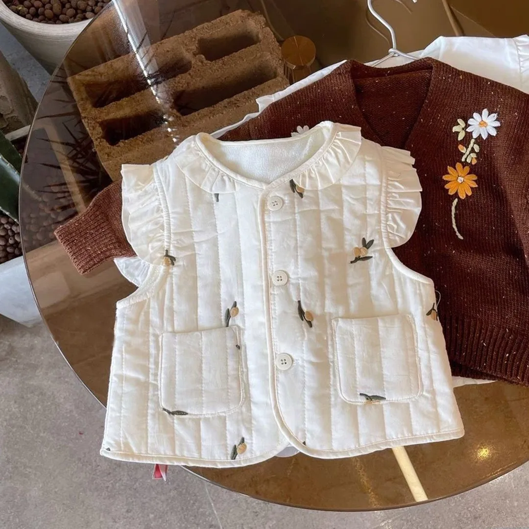 

Freely Move New Autumn Winter Baby Girls Cotton Padded Waistcoats Ruffles Collar Floral Korean Style Toddlers Kids Sweet Vests