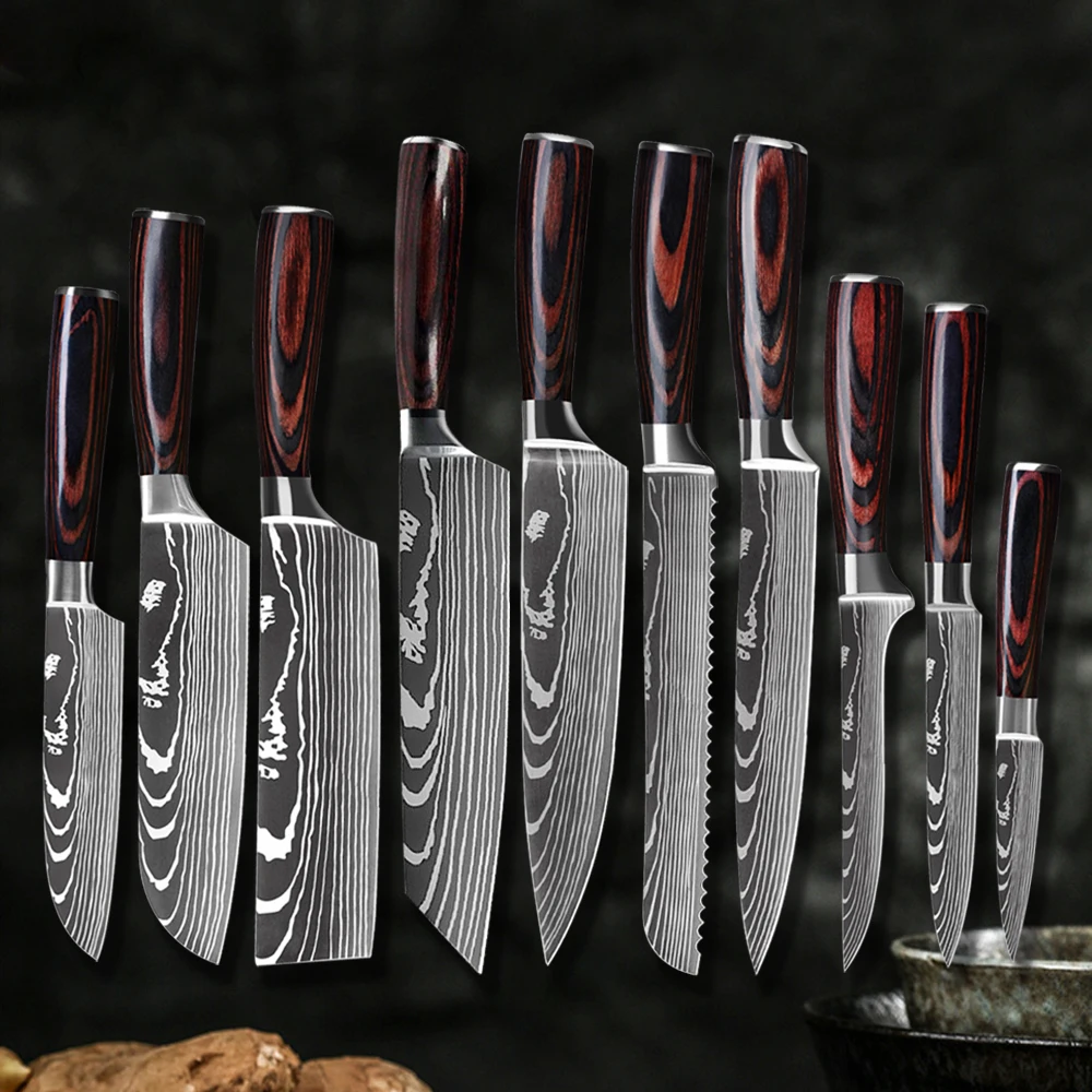

Kitchen Knives knife Set 10PCS Chef Japanese Laser Damascus Pattern Knife Stainless Steel Meat Cleaver Slicing Chopping Santoku