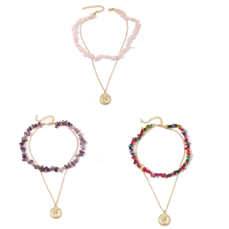 

Round Pendant Necklace Women Gravel Clavicle Chain Bohemian Double Layer Chain