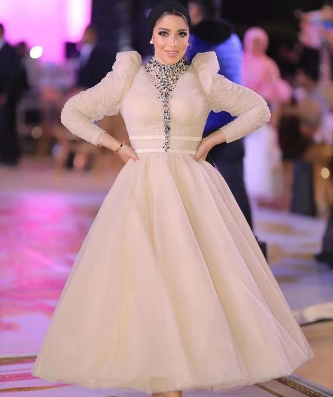 

Женское вечернее платье с бусинами Merida, элегантное Тюлевое платье-трапеция до щиколотки с длинными рукавами-фонариками для выпускного вечера в стиле Саудовской Аравии, 2023