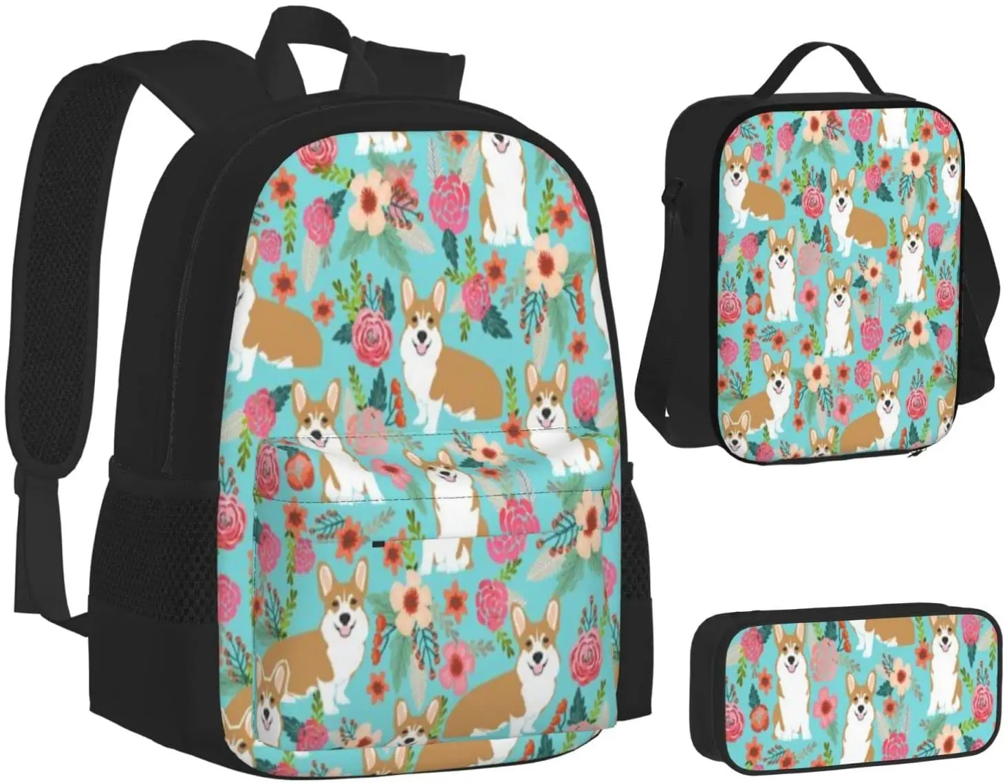 School Backpack Corgi Pet Dog Sweet Schoolbag Travel Bag Casual Daypack Lunch Bag Pencil Case for Boys Teens Girls 3pcs Sets