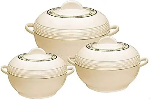 

Ambiente Food Warmer Hot Pot Set Of Insulated Casseroles 1.2 1.6 And 2.5 Litre (White) Large wooden mixing bowl Wok pan non stic