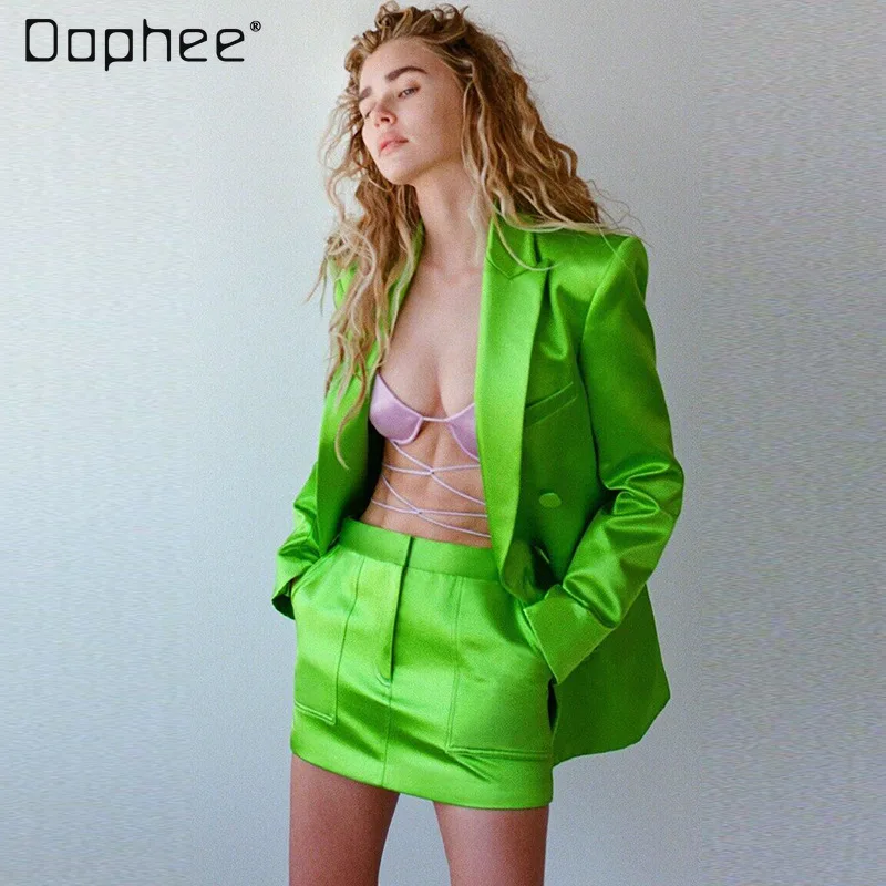 

2022 Spring New Casual Woman Loose Green Bright Satin Double Breasted Blazer Coat and Mini Skirts Suit Two-Piece Set Office Lady
