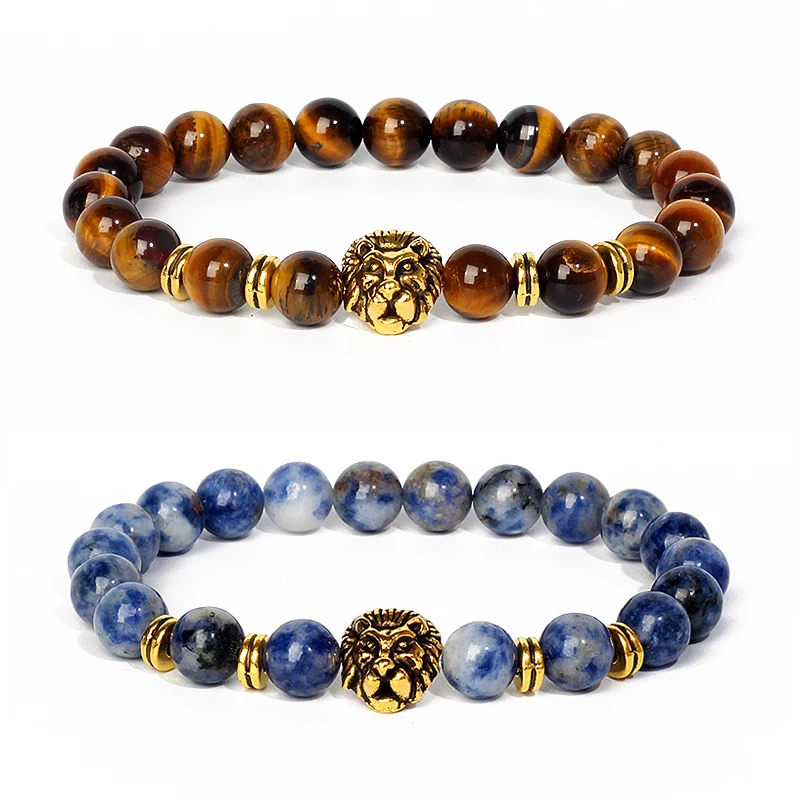 

Vintage Lion Charm Bracelet Men Natural Tiger Eye Lava Stone Essential Oil Anxiety Aromatherapy Bracelets for Women Jewelry Gift