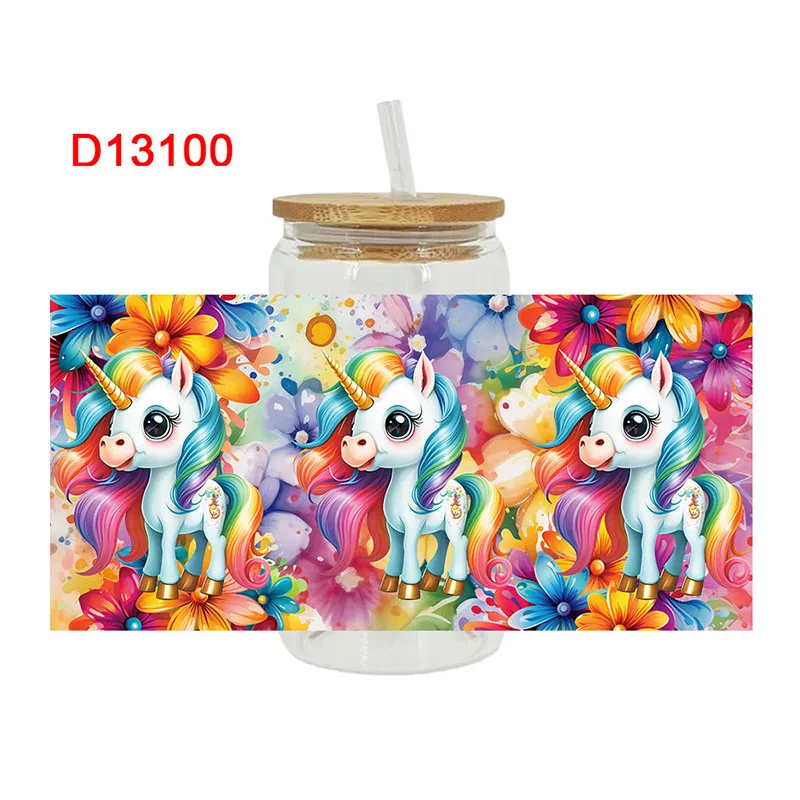 3D УФ-переносные наклейки DTF, обертывания для чашек 16 унций, мультяшный единорог с принтом для DIY, стекло, керамики, металла, кожи и т. д. D11789