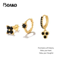 boako 3pcs set s925 silver piercing hoop earrings for women 2022 jewelry bling black zircon flower stud earring boucle brincos