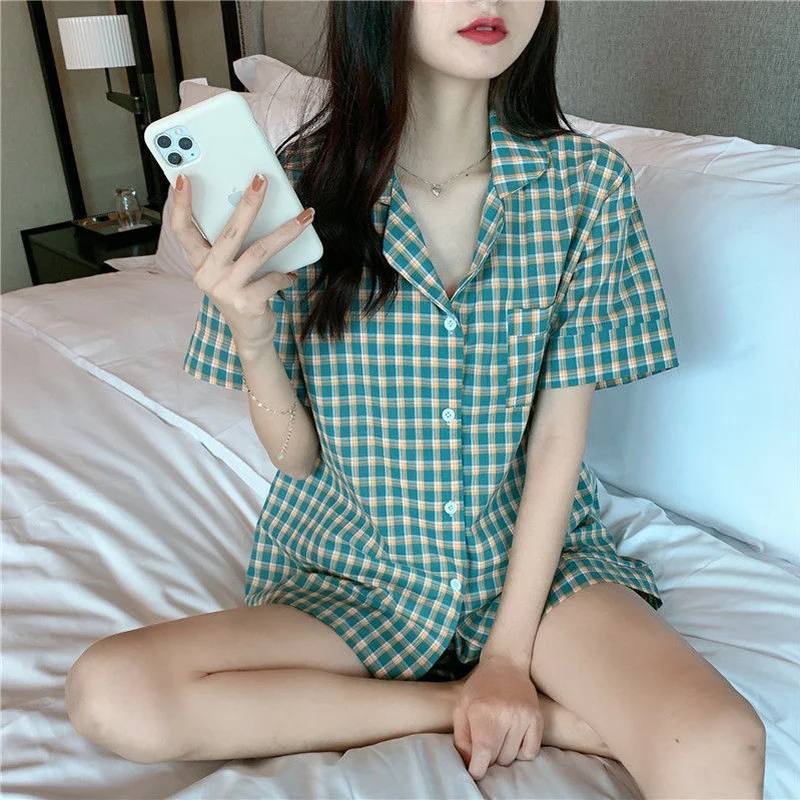 Korean Sleepwear Set Summer Short Sleeve Lapel Women Pajamas Japanese Plaid Print Homewear Plus Size 2Piece Pyjama Home Clothes