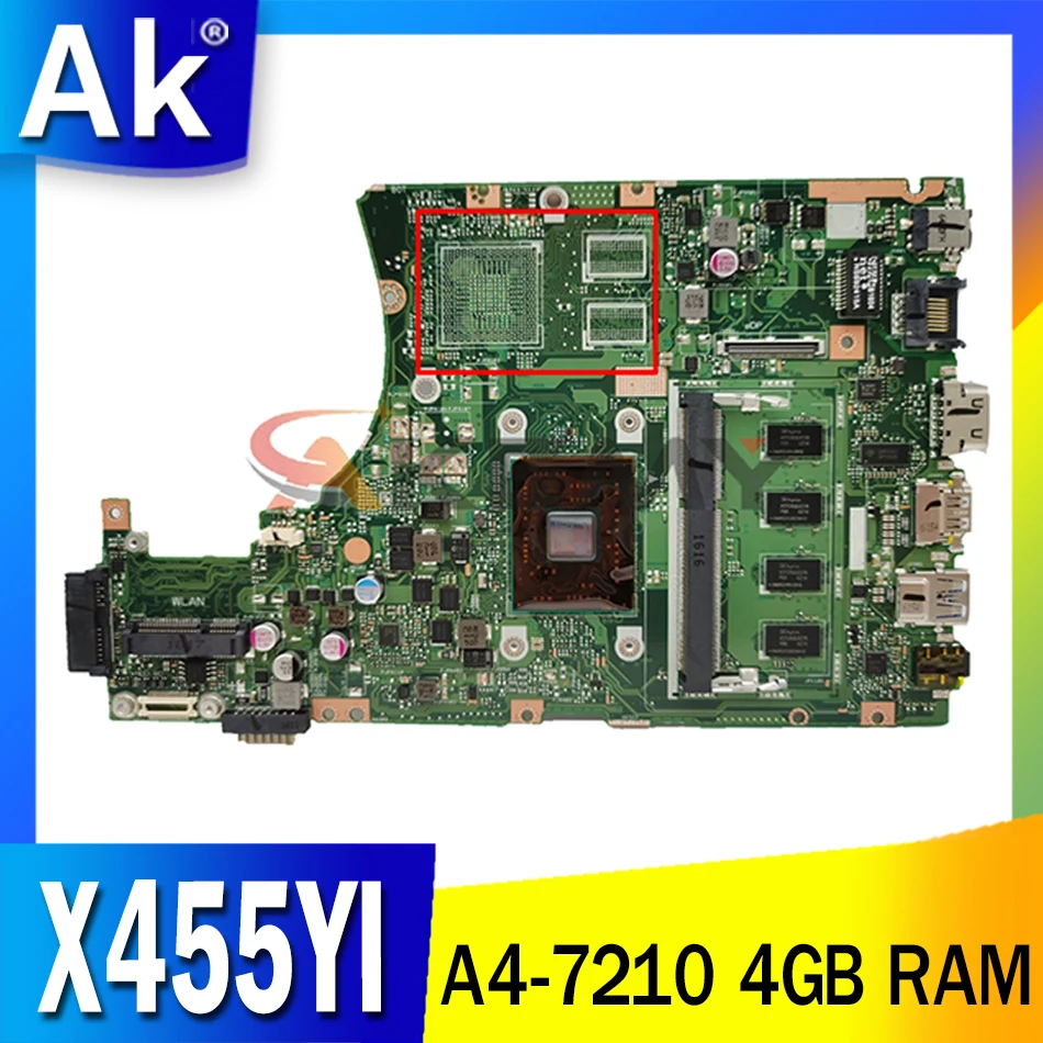 

X455YI motherboard with A4-7210 CPU 4GB RAM For Asus X455YI X455Y X455DG X455D laptop motherboard X455YI mainboard test 100% ok