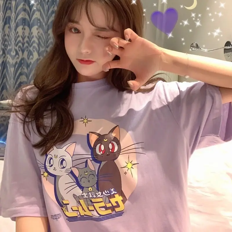 

Harajuku Sailor Moon Cute Cat T Shirt Cartoon Short Sleeve O-Neck Tops Women Summer Purple Loose Streetwear clothes
