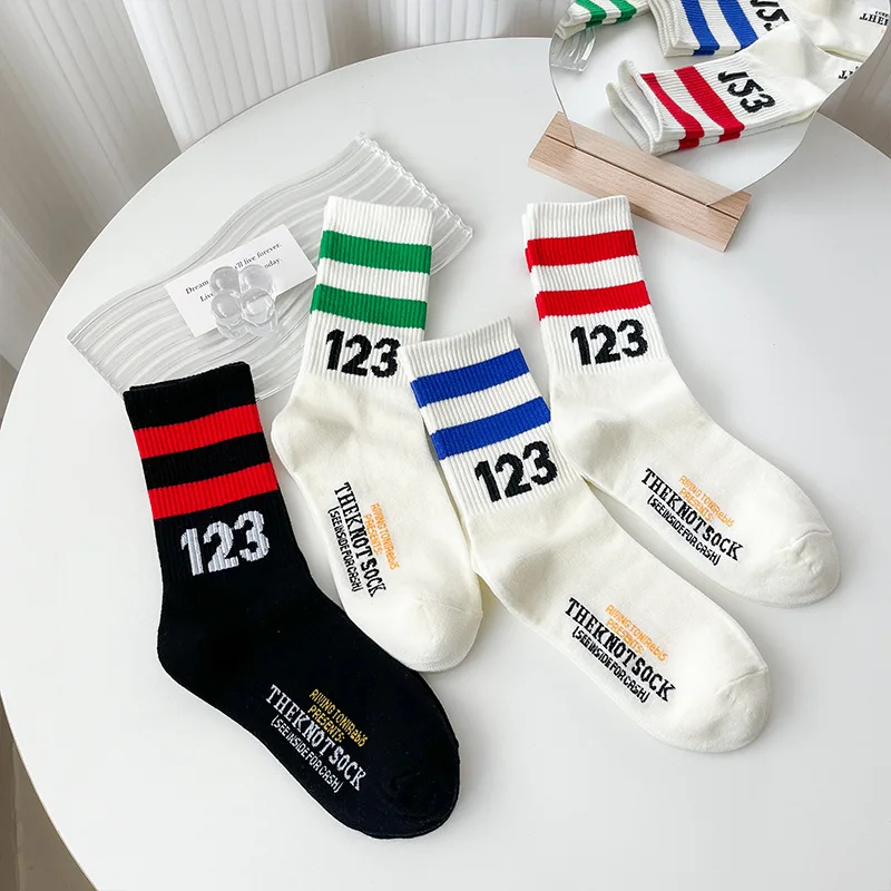 10 Pairs High Quality Cotton Women Striped Socks Middle Sports Casual Sweat Absorbing Breathable 123 Digital Cotton Autumn Socks