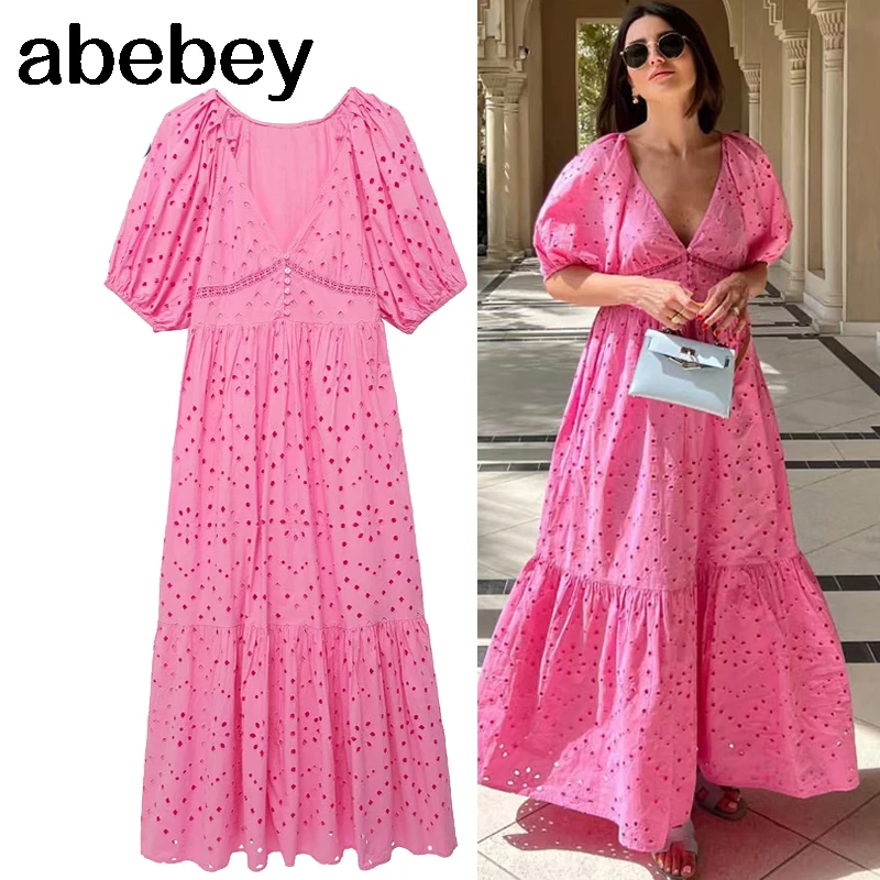

New Design Hollow Out Embroidery Puff Sleeve Women Boho Casual Long Dresses Retro Summer Largo Vestidos Robes Dress Za