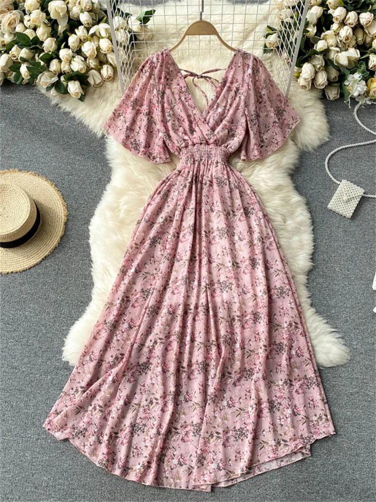 

2022 New Retro Women Chiffon Floral Long Dress Korean V Neck Short Sleeve Ruched A-line Dress Summer Bohemian Print Beach Dress