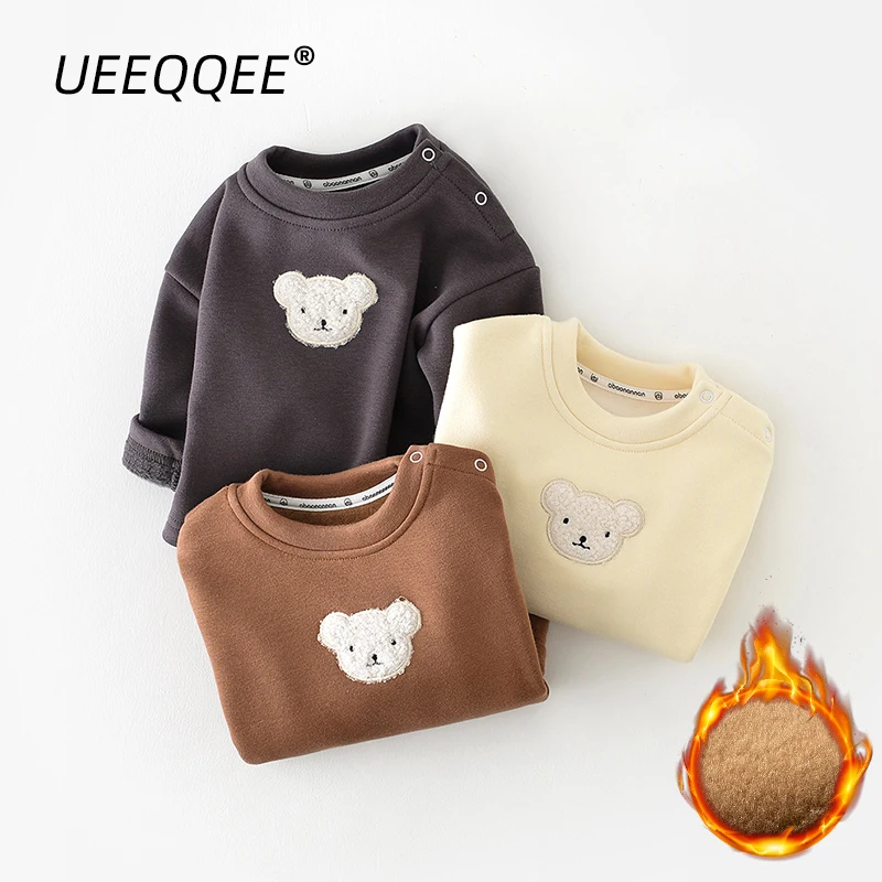 Kids Sweatshirt Winter Fleece Warm Embroidery Bear Toddler New Baby Little Boy Girl Casual Pullover For Children Streetwear 1-5Y