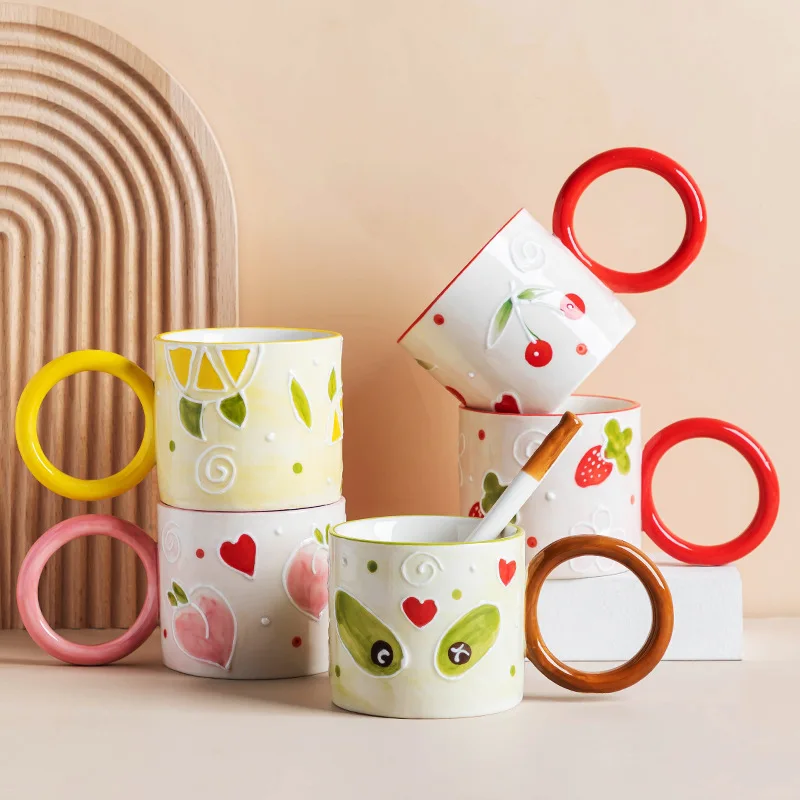 

Cartoon Fruit Pattern Ceramic Coffee Cup Breakfast Milk Cup Painted Porcelain Dessert Mug Cute Girl Drinking Mug Home Decoration