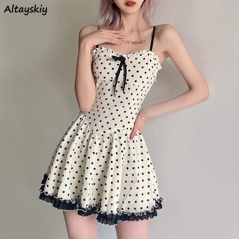 

Dresses Women Hotsweet Dot Mini A-line Korean Style Ins Casual Simple Summer Spaghetti Strap High Waist Vestidos Sexy Mujer Chic